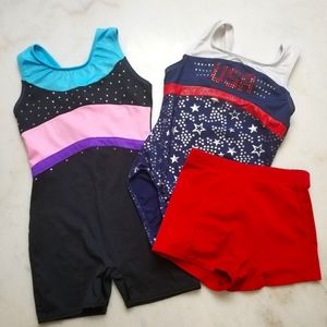 Gymnastics, gym, fitness leotards and shorts.